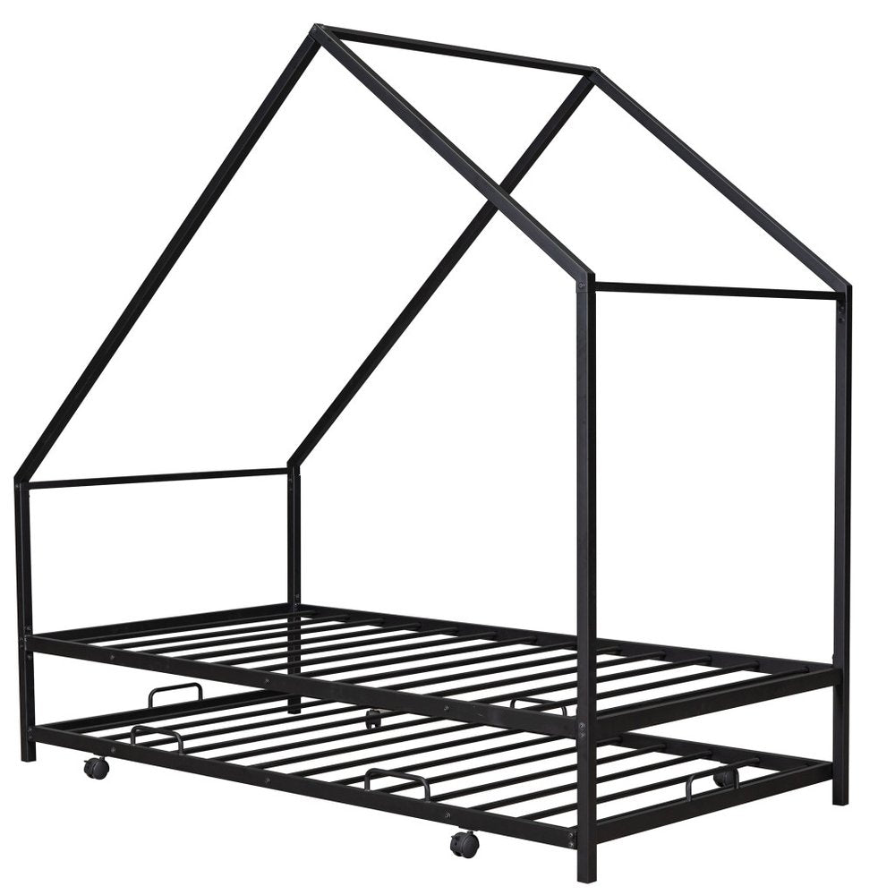 Black Metal Twin Canopy Bed Frame With Trundle