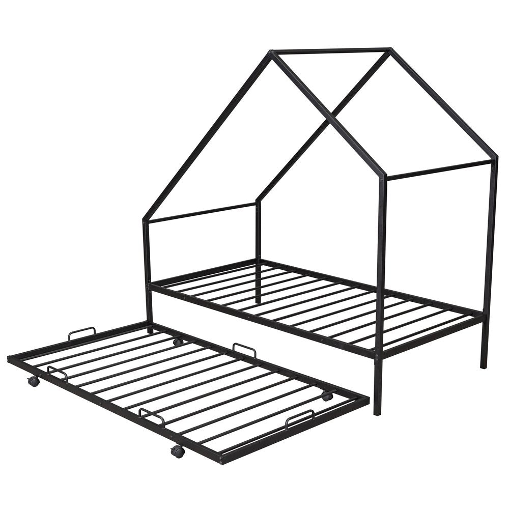 Black Metal Twin Canopy Bed Frame With Trundle
