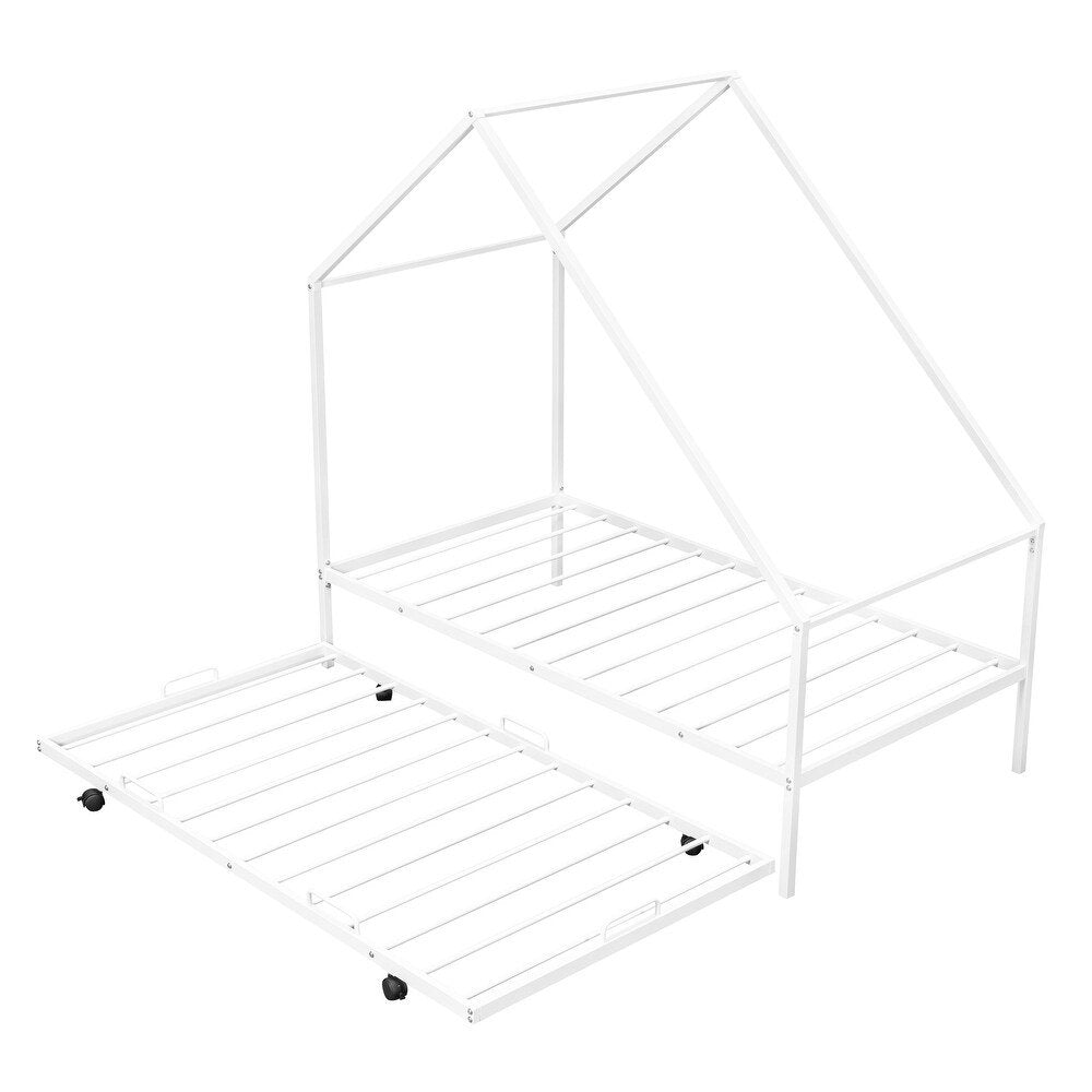 White Metal Twin Canopy Bed Frame With Trundle
