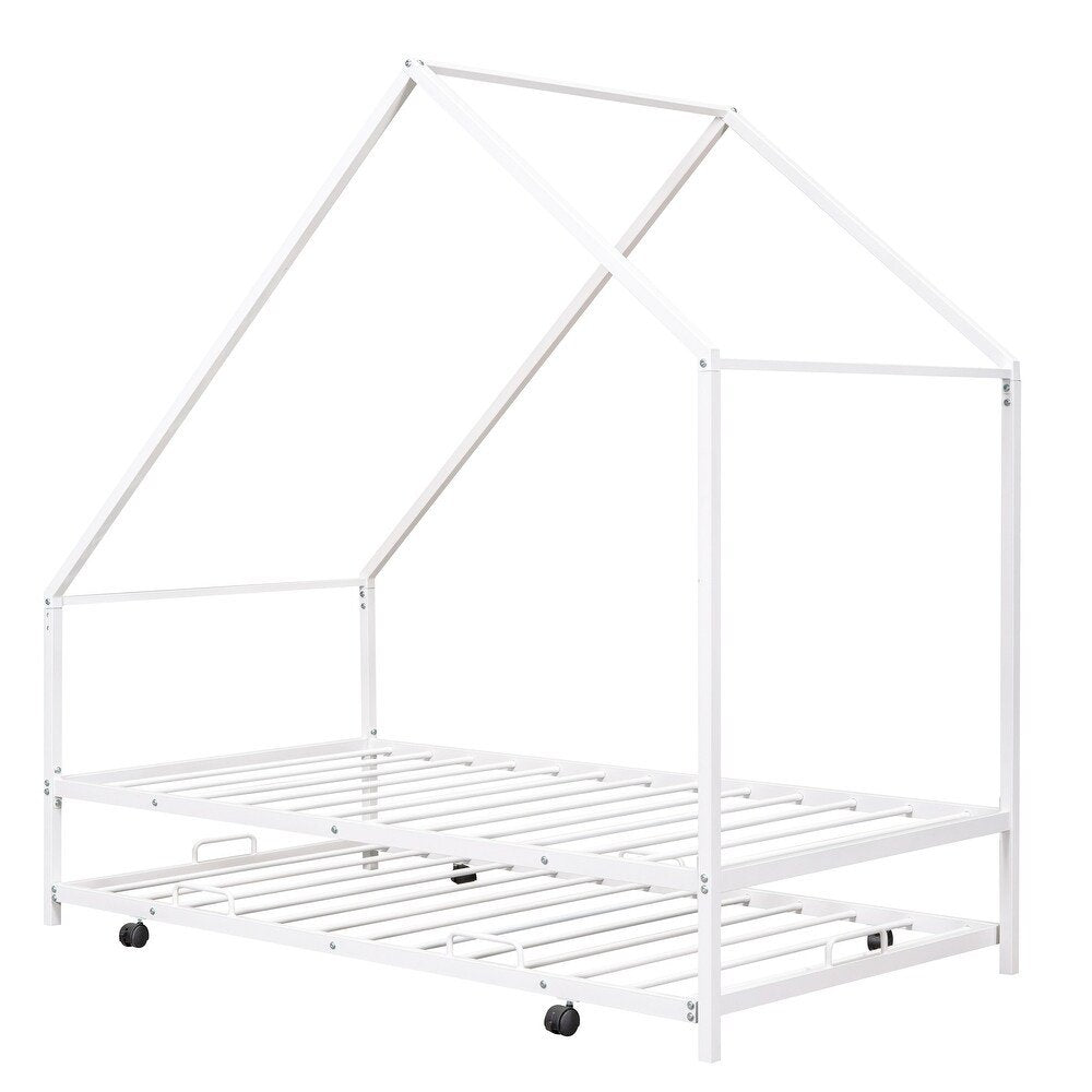White Metal Twin Canopy Bed Frame With Trundle