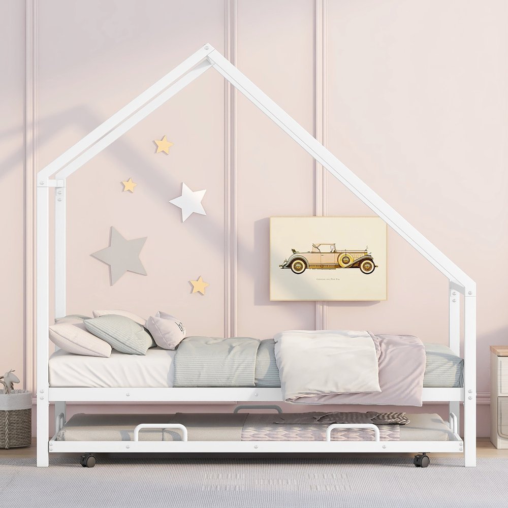 White Metal Twin Canopy Bed Frame With Trundle
