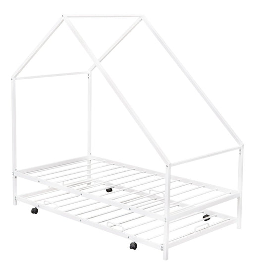 White Metal Twin Canopy Bed Frame With Trundle