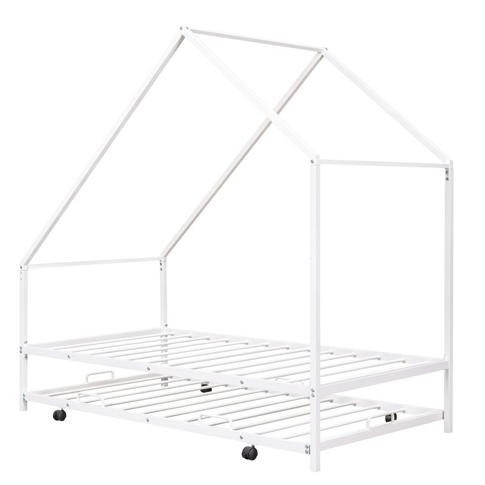 White Metal Twin Canopy Bed Frame With Trundle