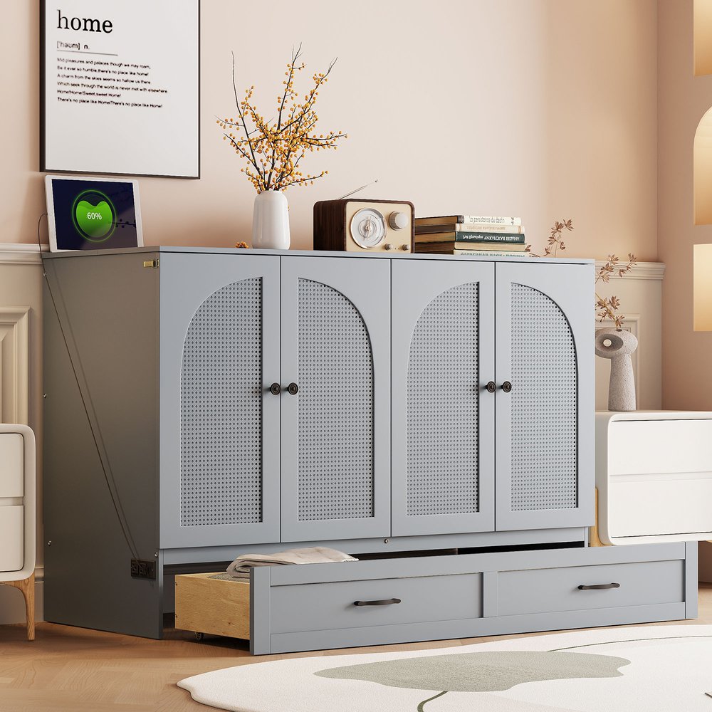 Gray Wood Full Murphy Bed With Drawers