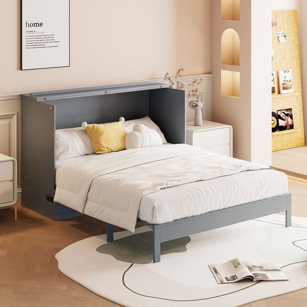 Gray Wood Full Murphy Bed With Drawers