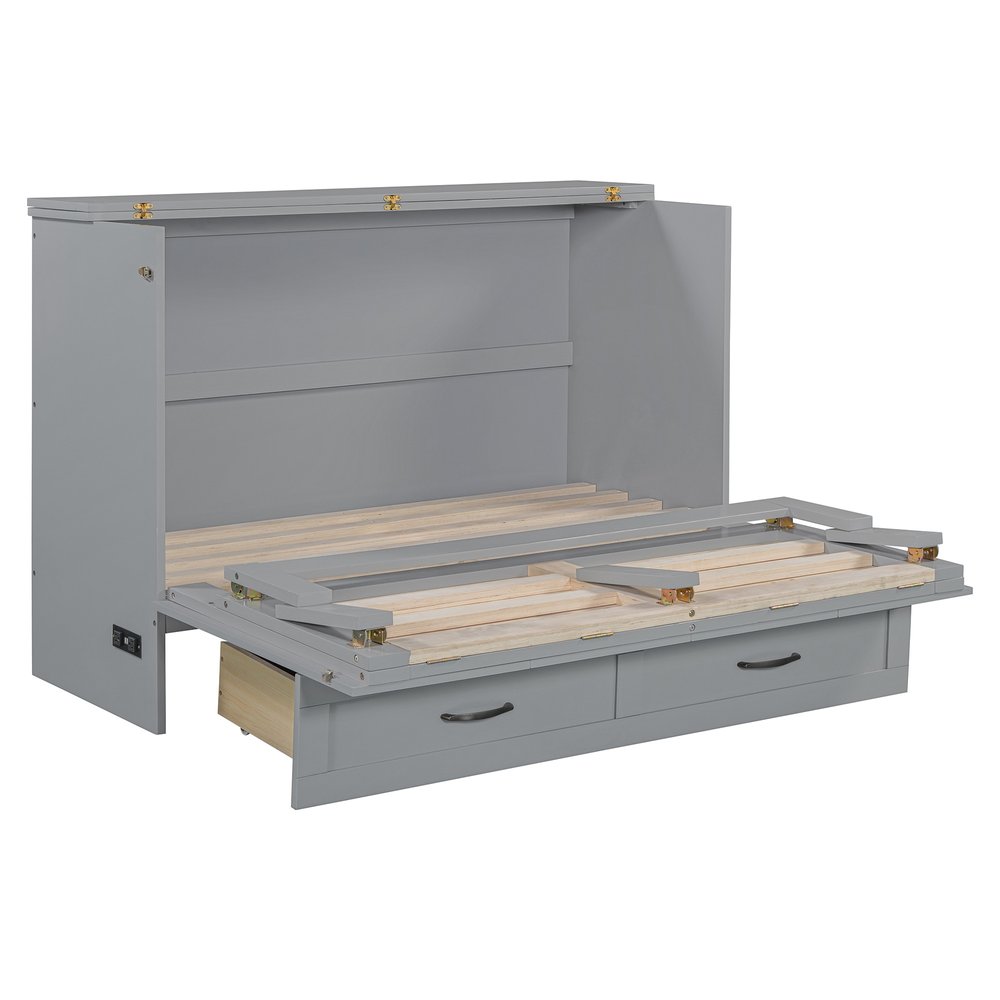 Gray Wood Full Murphy Bed With Drawers