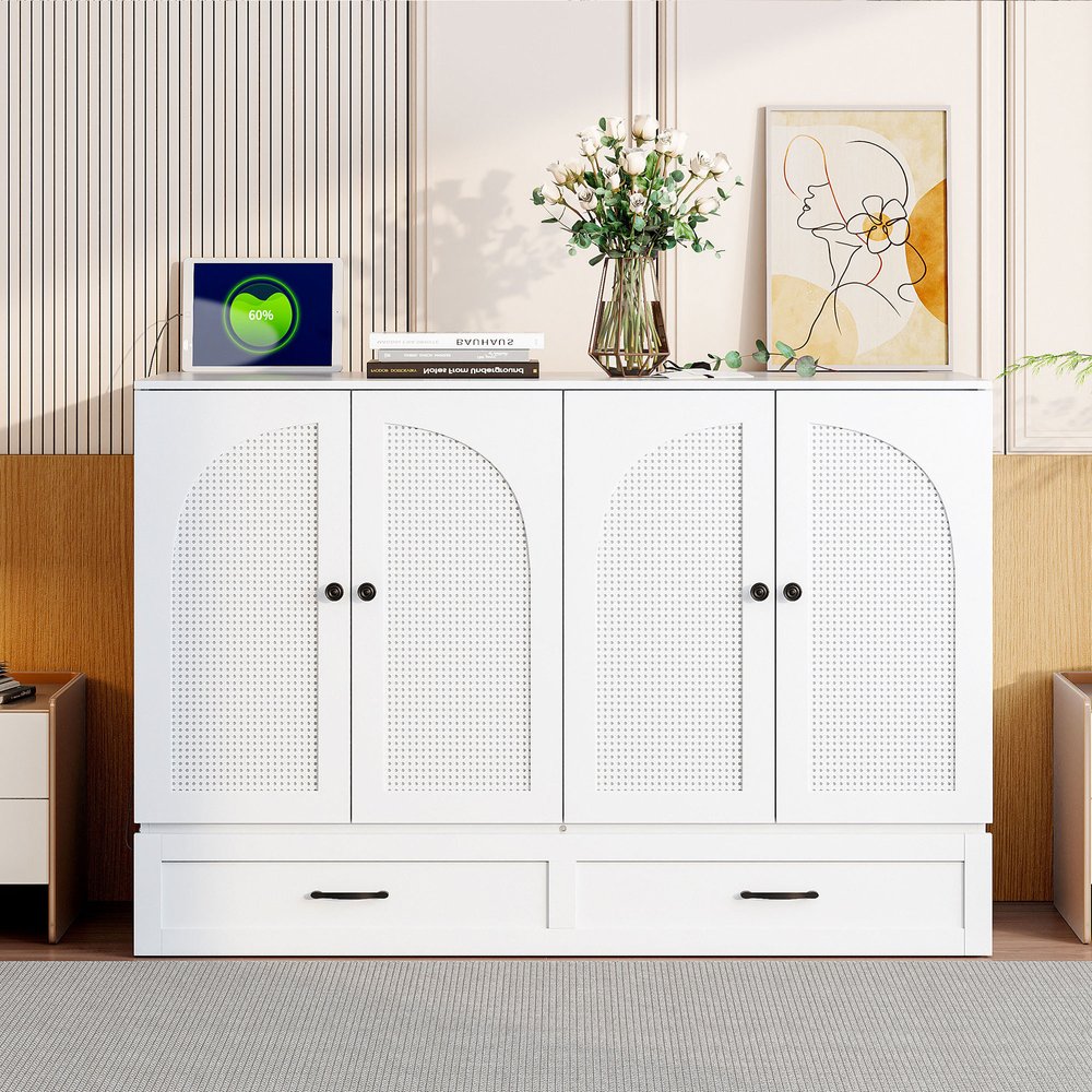 White Wood Full Murphy Bed With Drawers