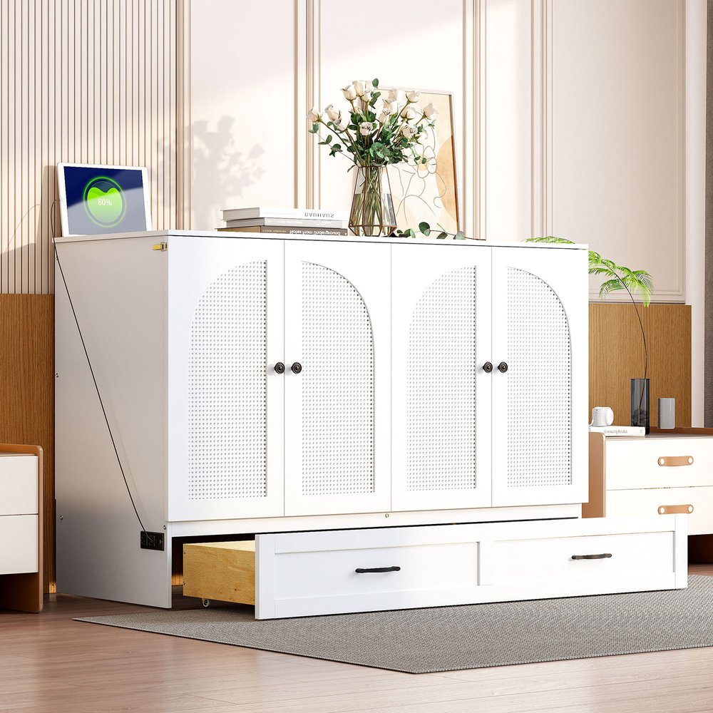 White Wood Full Murphy Bed With Drawers