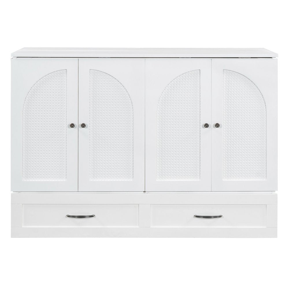 White Wood Full Murphy Bed With Drawers