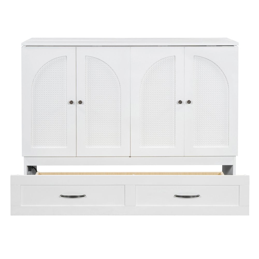 White Wood Full Murphy Bed With Drawers