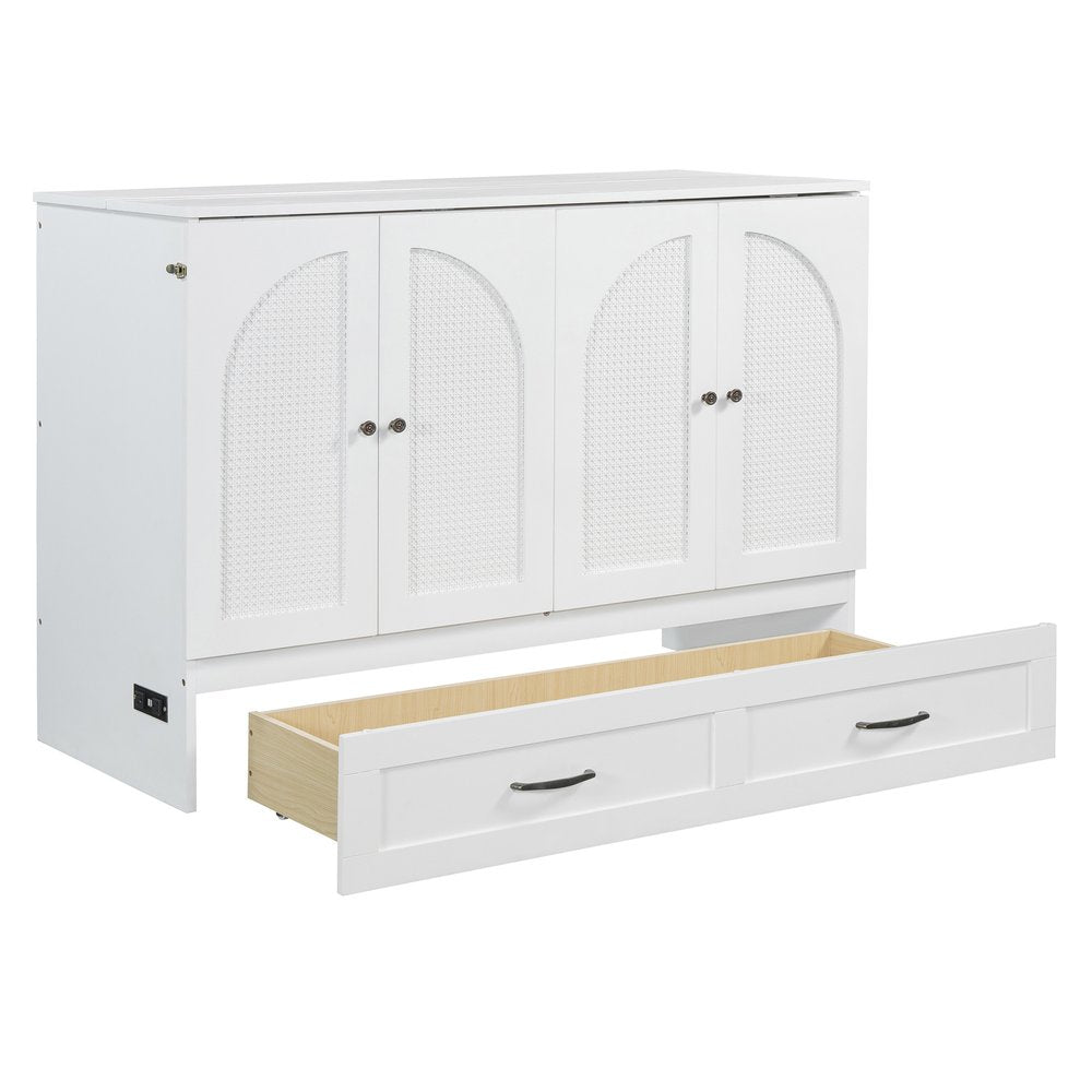 White Wood Full Murphy Bed With Drawers