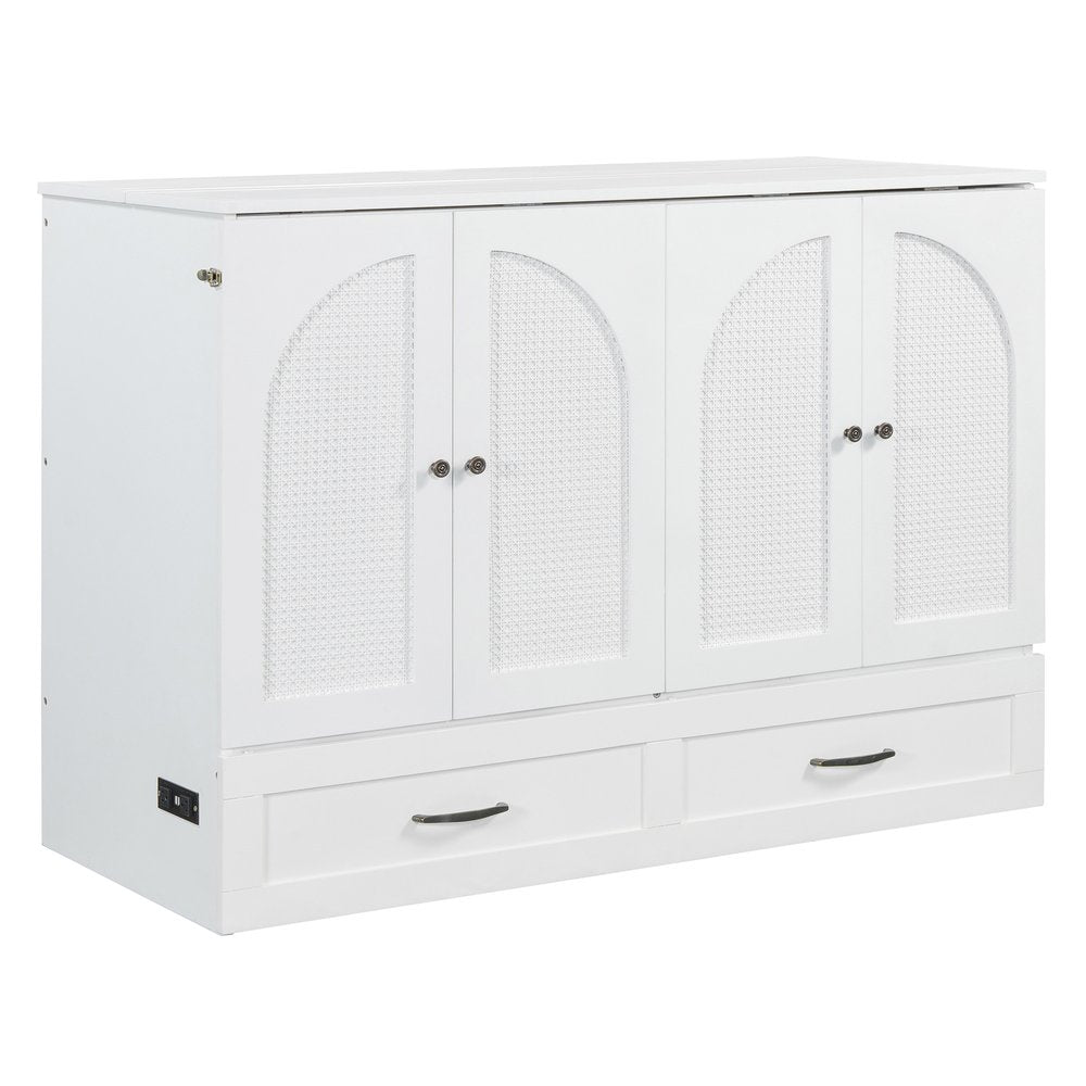 White Wood Full Murphy Bed With Drawers