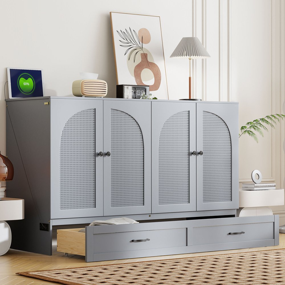 Gray Wood Queen Murphy Bed With Drawers