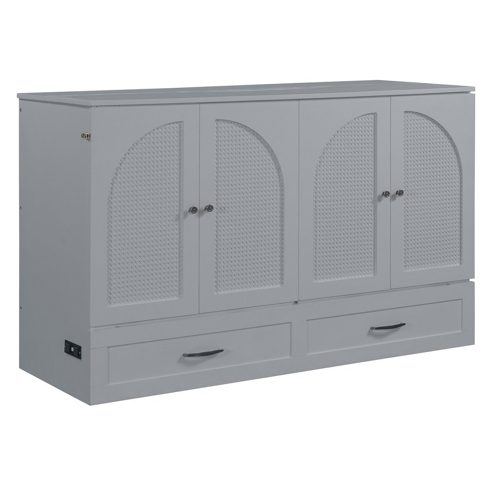 Gray Wood Queen Murphy Bed With Drawers