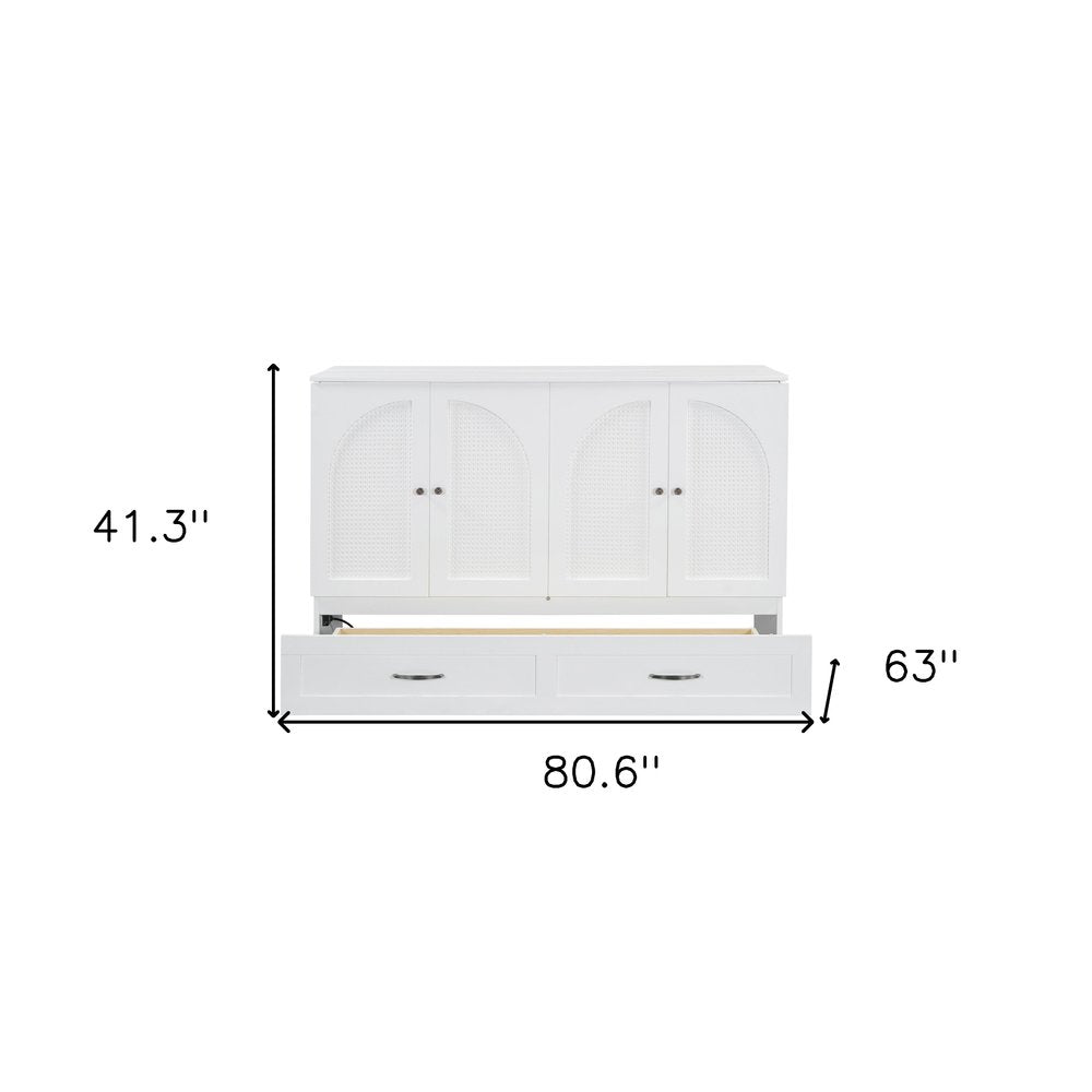 White Wood Queen Murphy Bed With Drawers