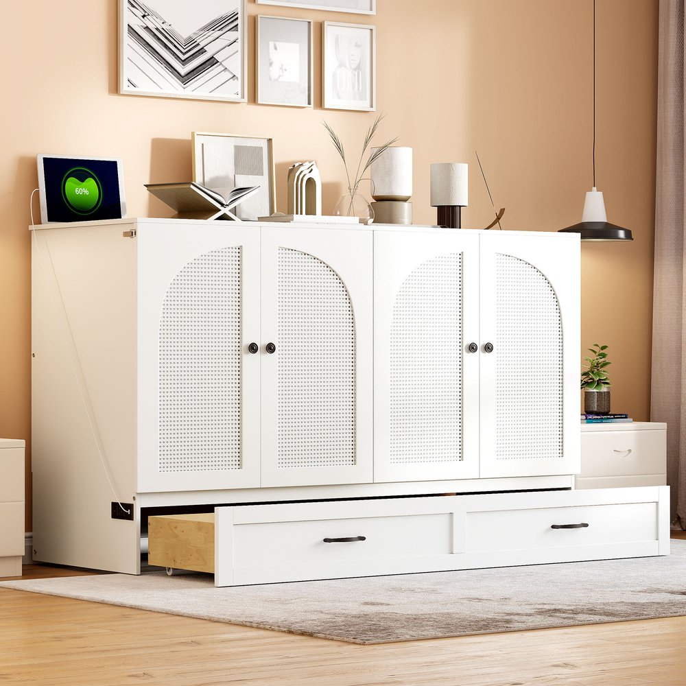 White Wood Queen Murphy Bed With Drawers