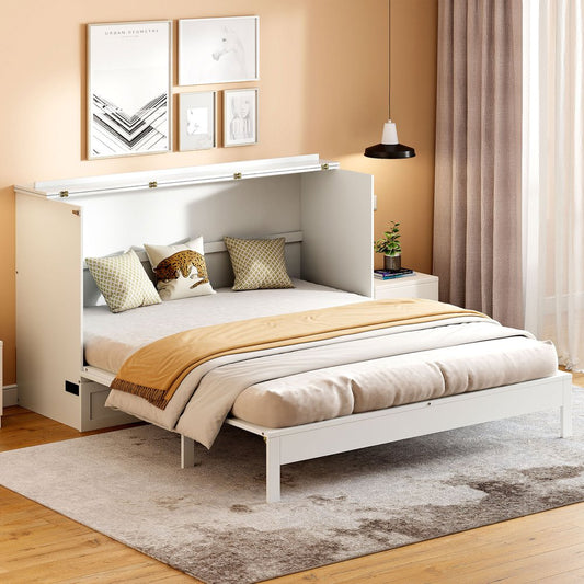 White Wood Queen Murphy Bed With Drawers