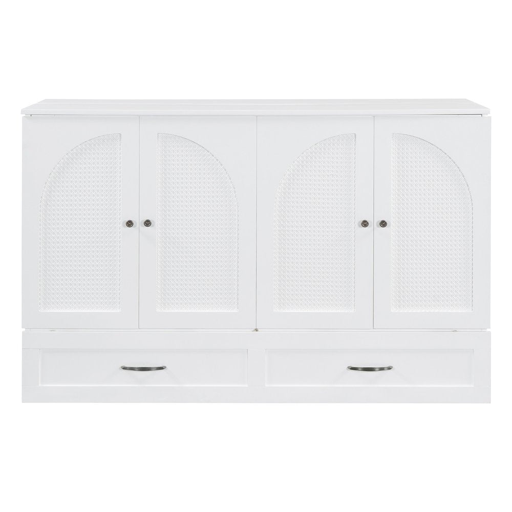 White Wood Queen Murphy Bed With Drawers