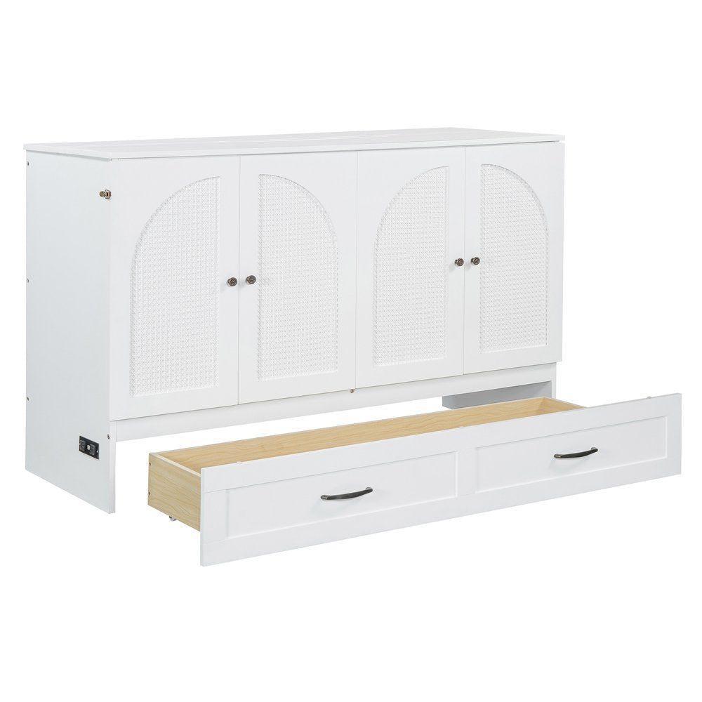 White Wood Queen Murphy Bed With Drawers