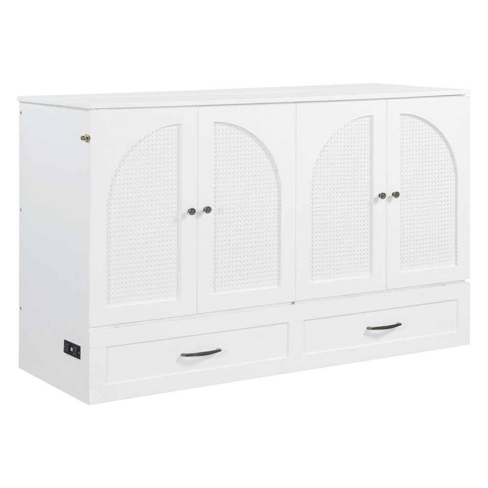 White Wood Queen Murphy Bed With Drawers