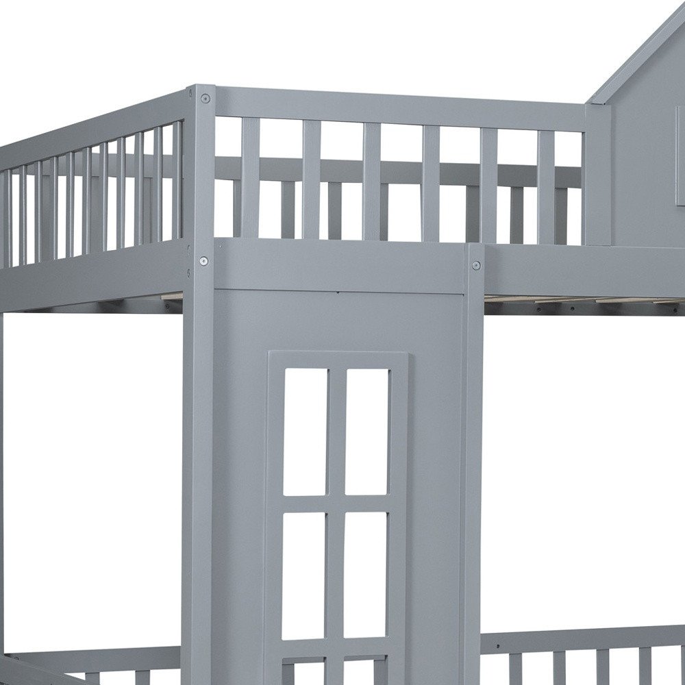 Gray Full Over Full Dollhouse Solid Wood Bunk Bed With Stairs And Desk And Storage