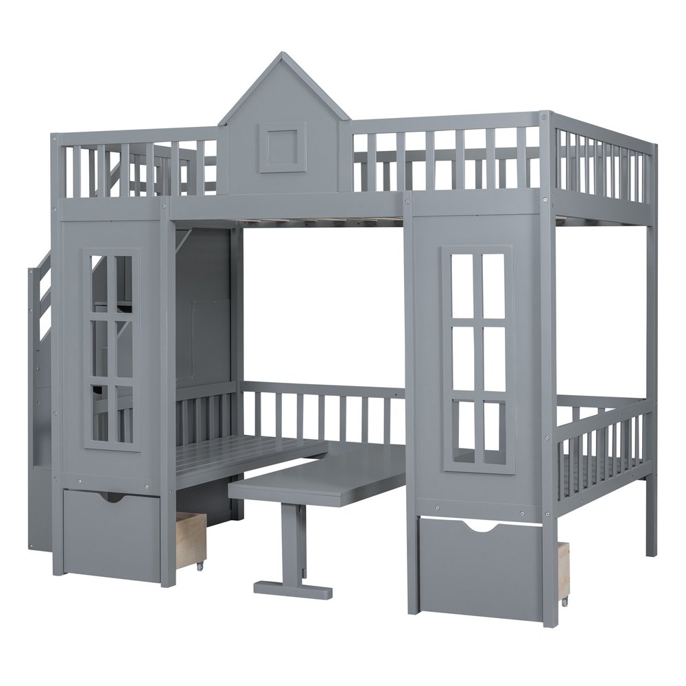 Gray Full Over Full Dollhouse Solid Wood Bunk Bed With Stairs And Desk And Storage
