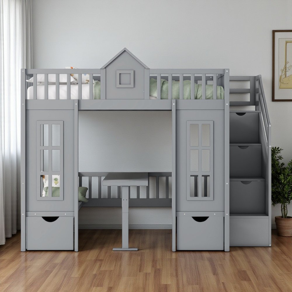 Gray Full Over Full Dollhouse Solid Wood Bunk Bed With Stairs And Desk And Storage