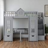 Gray Full Over Full Dollhouse Solid Wood Bunk Bed With Stairs And Desk And Storage