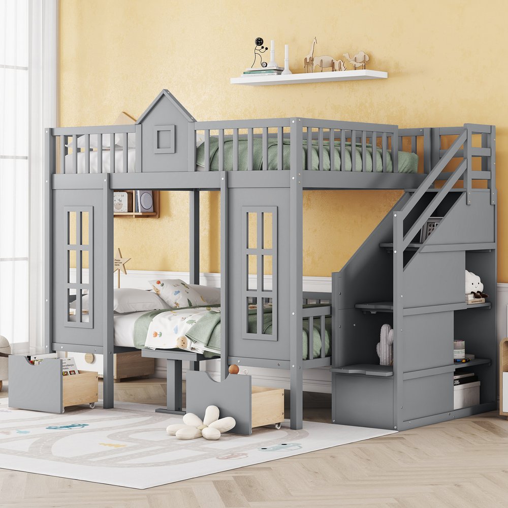 Gray Full Over Full Dollhouse Solid Wood Bunk Bed With Stairs And Desk And Storage