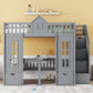 Gray Full Over Full Dollhouse Solid Wood Bunk Bed With Stairs And Desk And Storage