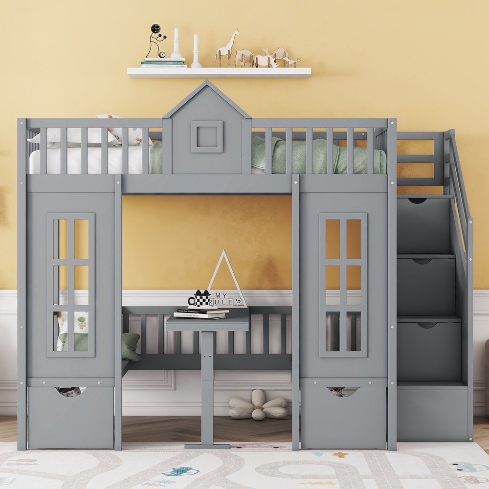 Gray Full Over Full Dollhouse Solid Wood Bunk Bed With Stairs And Desk And Storage