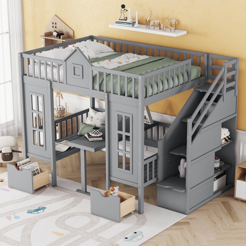 Gray Full Over Full Dollhouse Solid Wood Bunk Bed With Stairs And Desk And Storage