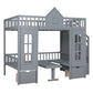 Gray Full Over Full Dollhouse Solid Wood Bunk Bed With Stairs And Desk And Storage
