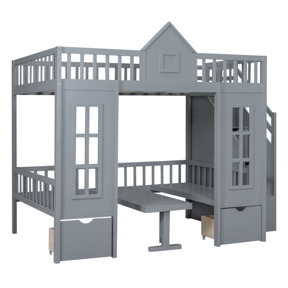 Gray Full Over Full Dollhouse Solid Wood Bunk Bed With Stairs And Desk And Storage