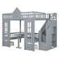 Gray Full Over Full Dollhouse Solid Wood Bunk Bed With Stairs And Desk And Storage