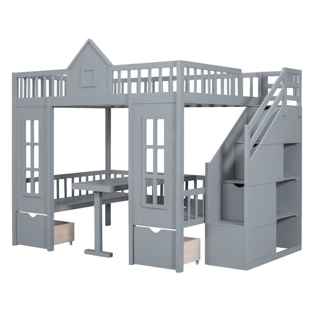 Gray Full Over Full Dollhouse Solid Wood Bunk Bed With Stairs And Desk And Storage