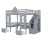 Gray Full Over Full Dollhouse Solid Wood Bunk Bed With Stairs And Desk And Storage