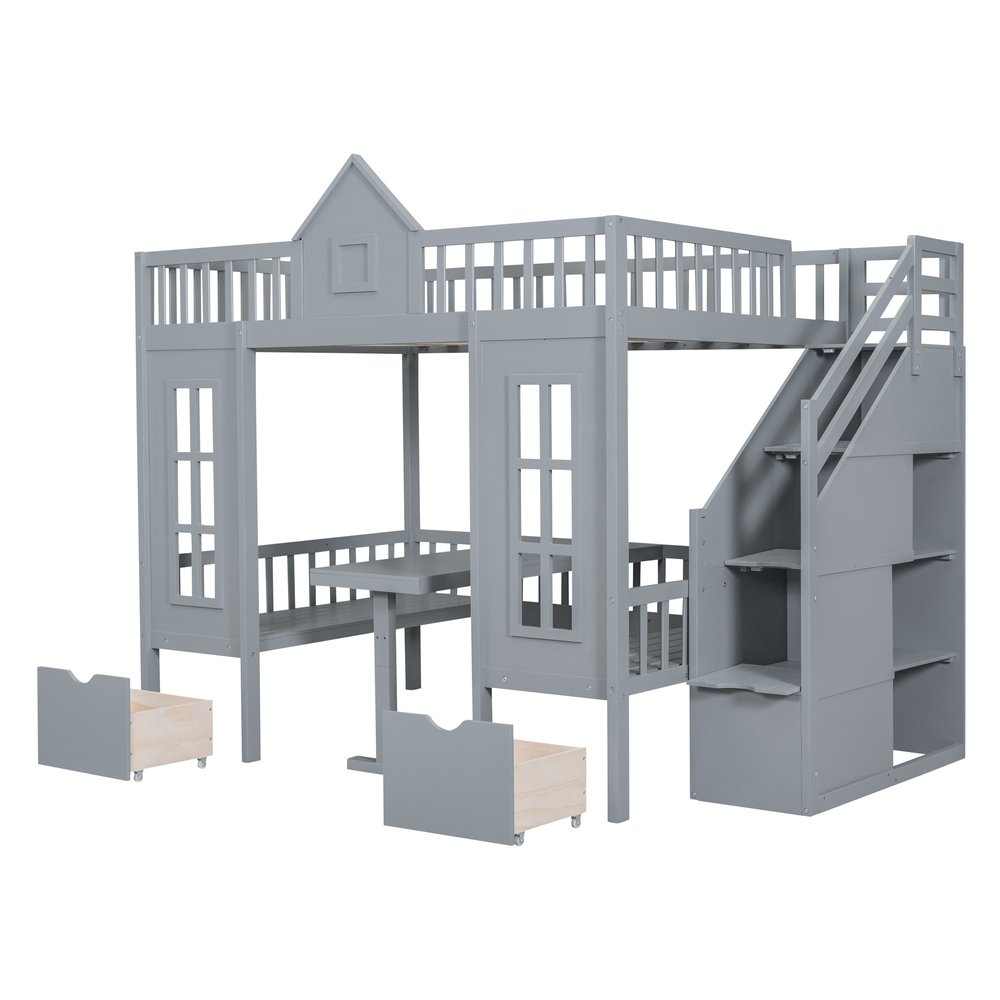 Gray Full Over Full Dollhouse Solid Wood Bunk Bed With Stairs And Desk And Storage