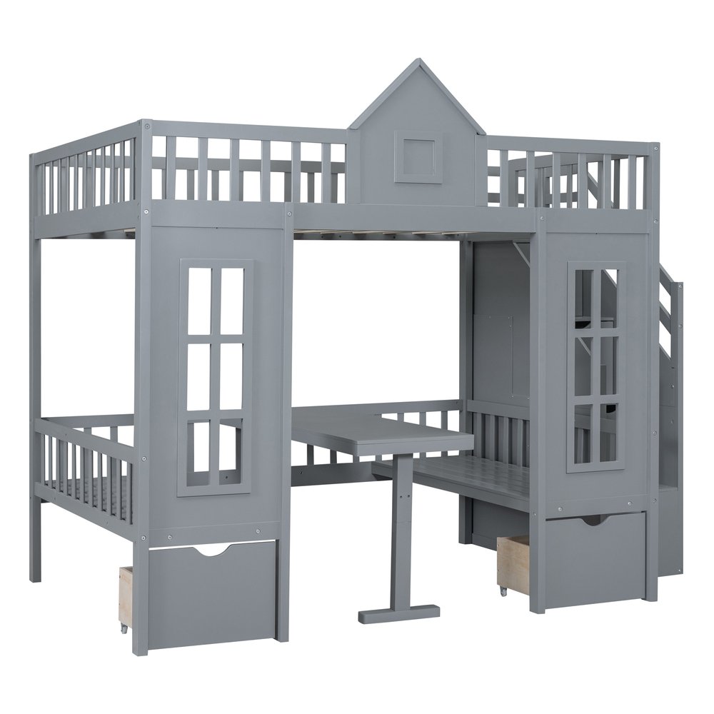 Gray Full Over Full Dollhouse Solid Wood Bunk Bed With Stairs And Desk And Storage