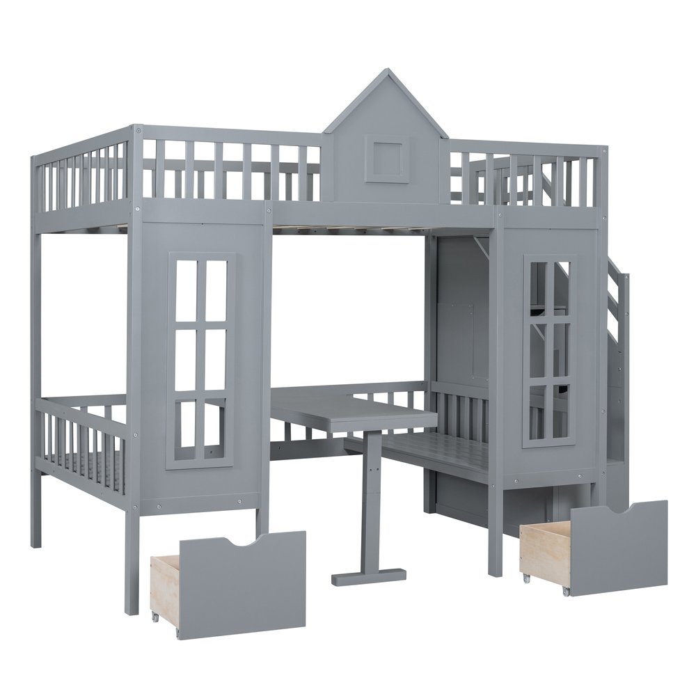 Gray Full Over Full Dollhouse Solid Wood Bunk Bed With Stairs And Desk And Storage