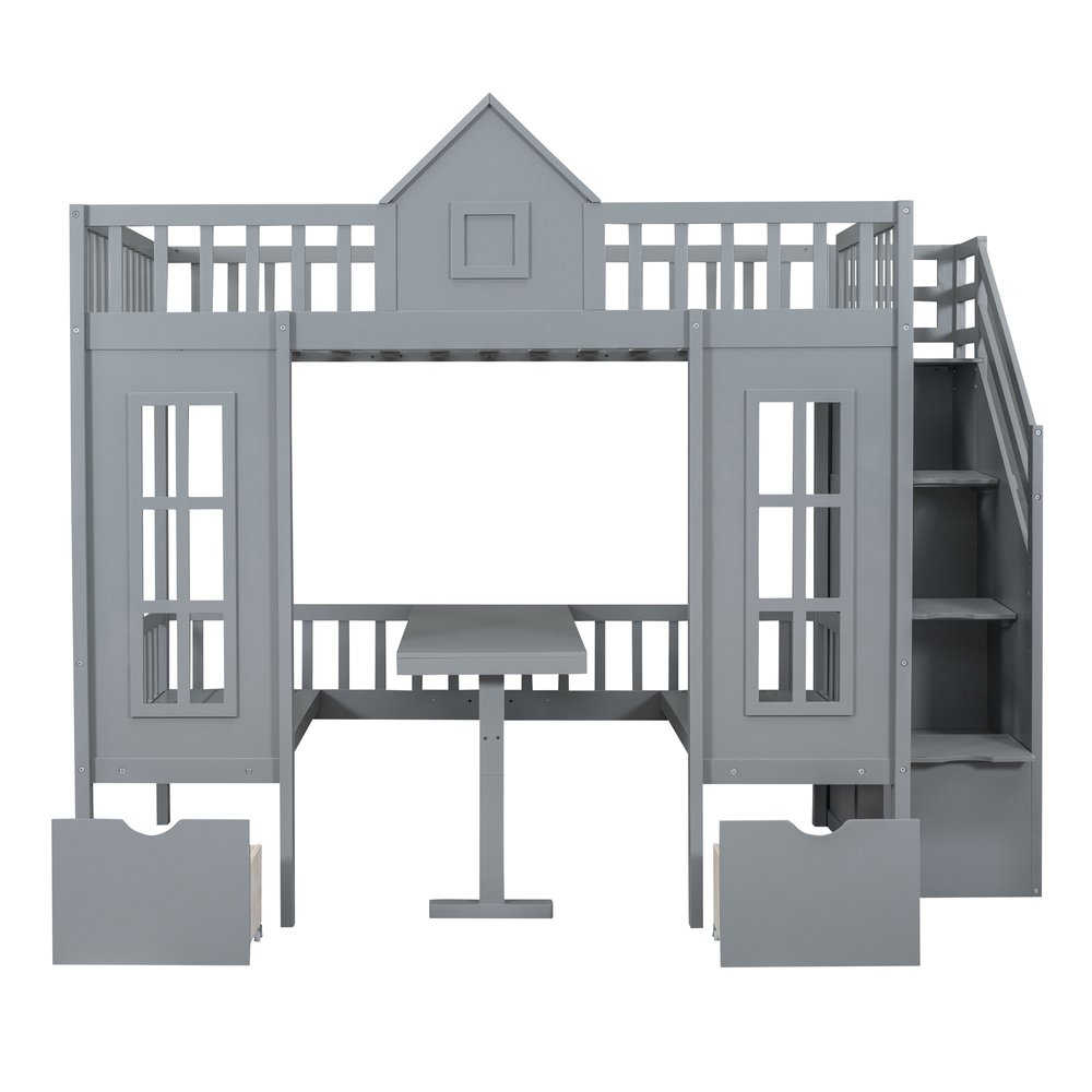 Gray Full Over Full Dollhouse Solid Wood Bunk Bed With Stairs And Desk And Storage