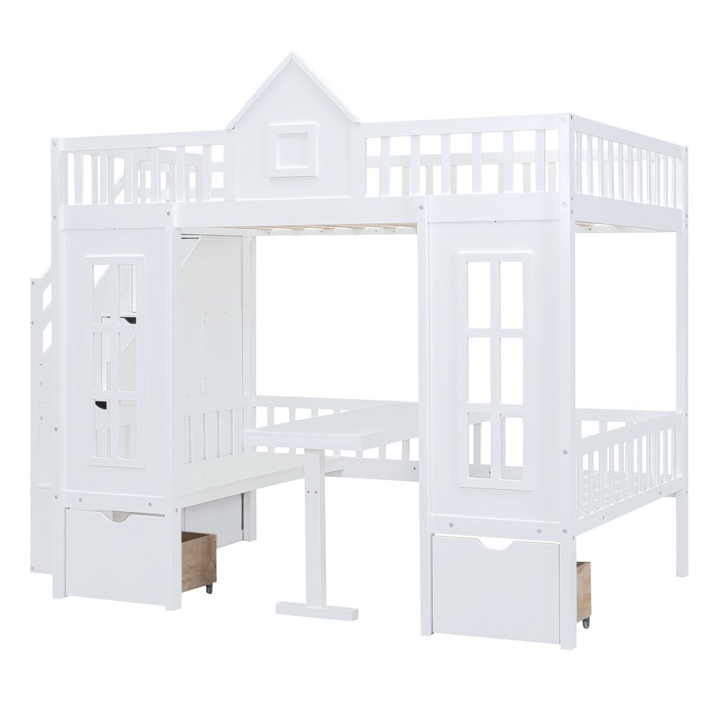 White Full Over Full Dollhouse Solid Wood Bunk Bed With Stairs And Desk And Drawers And Storage