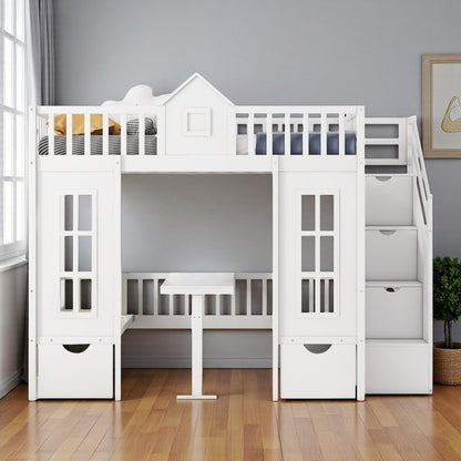 White Full Over Full Dollhouse Solid Wood Bunk Bed With Stairs And Desk And Drawers And Storage