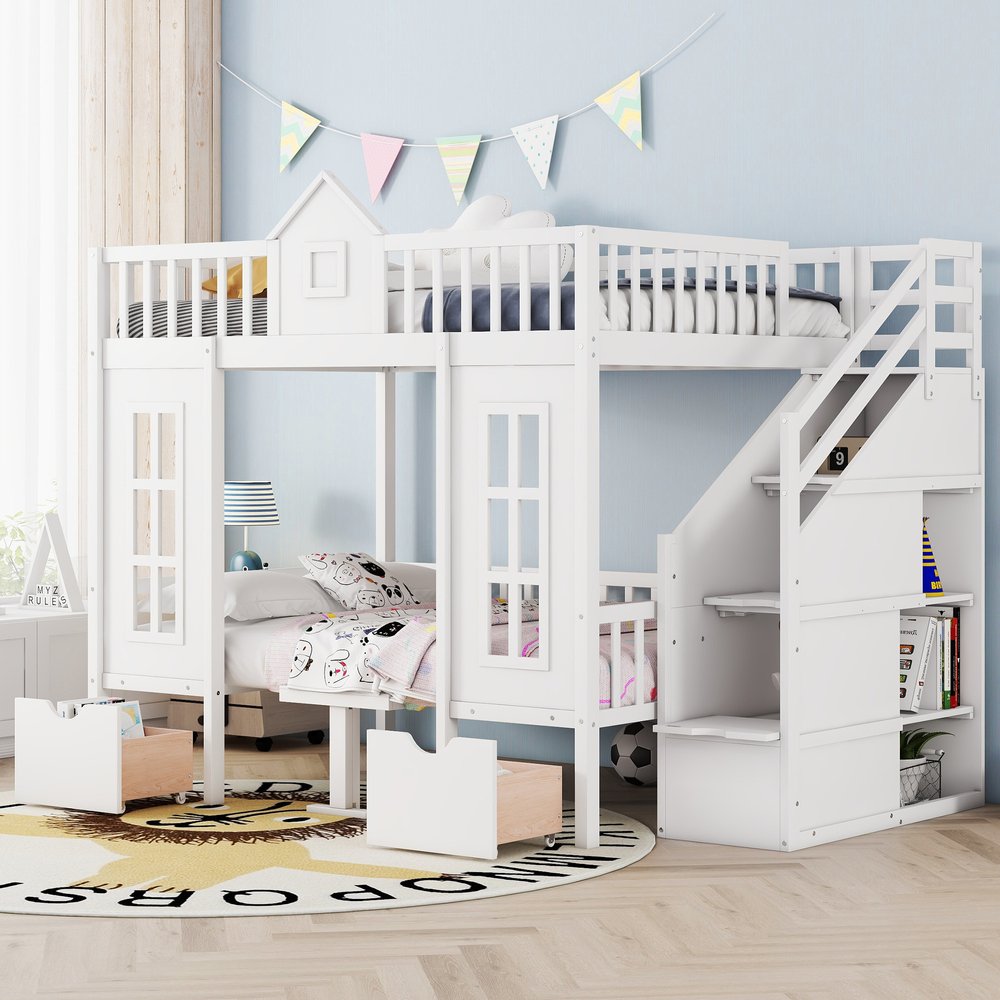 White Full Over Full Dollhouse Solid Wood Bunk Bed With Stairs And Desk And Drawers And Storage