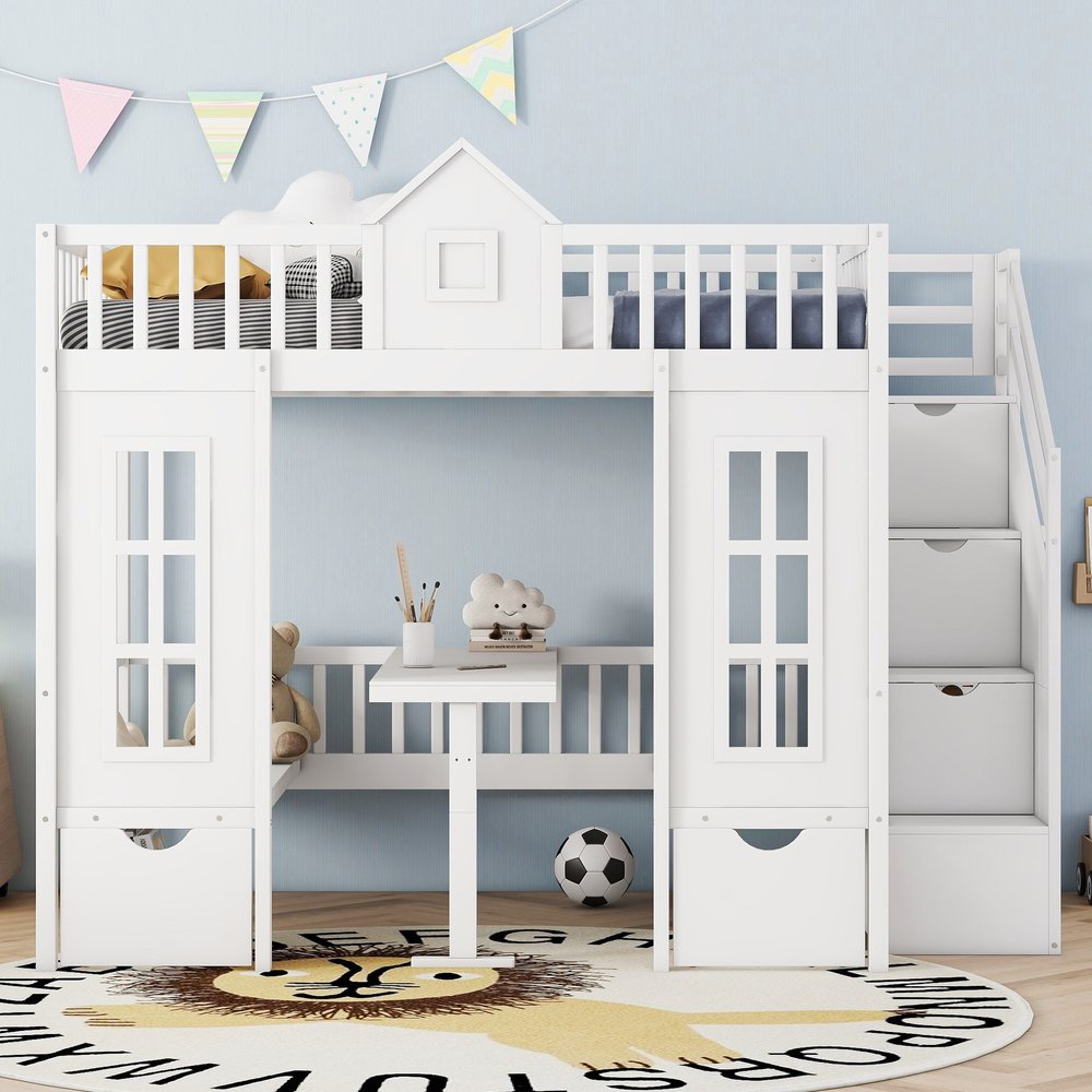 White Full Over Full Dollhouse Solid Wood Bunk Bed With Stairs And Desk And Drawers And Storage