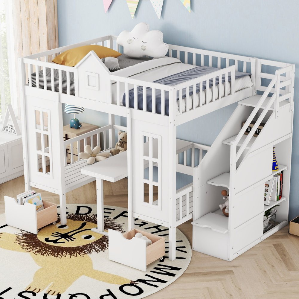 White Full Over Full Dollhouse Solid Wood Bunk Bed With Stairs And Desk And Drawers And Storage