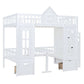 White Full Over Full Dollhouse Solid Wood Bunk Bed With Stairs And Desk And Drawers And Storage