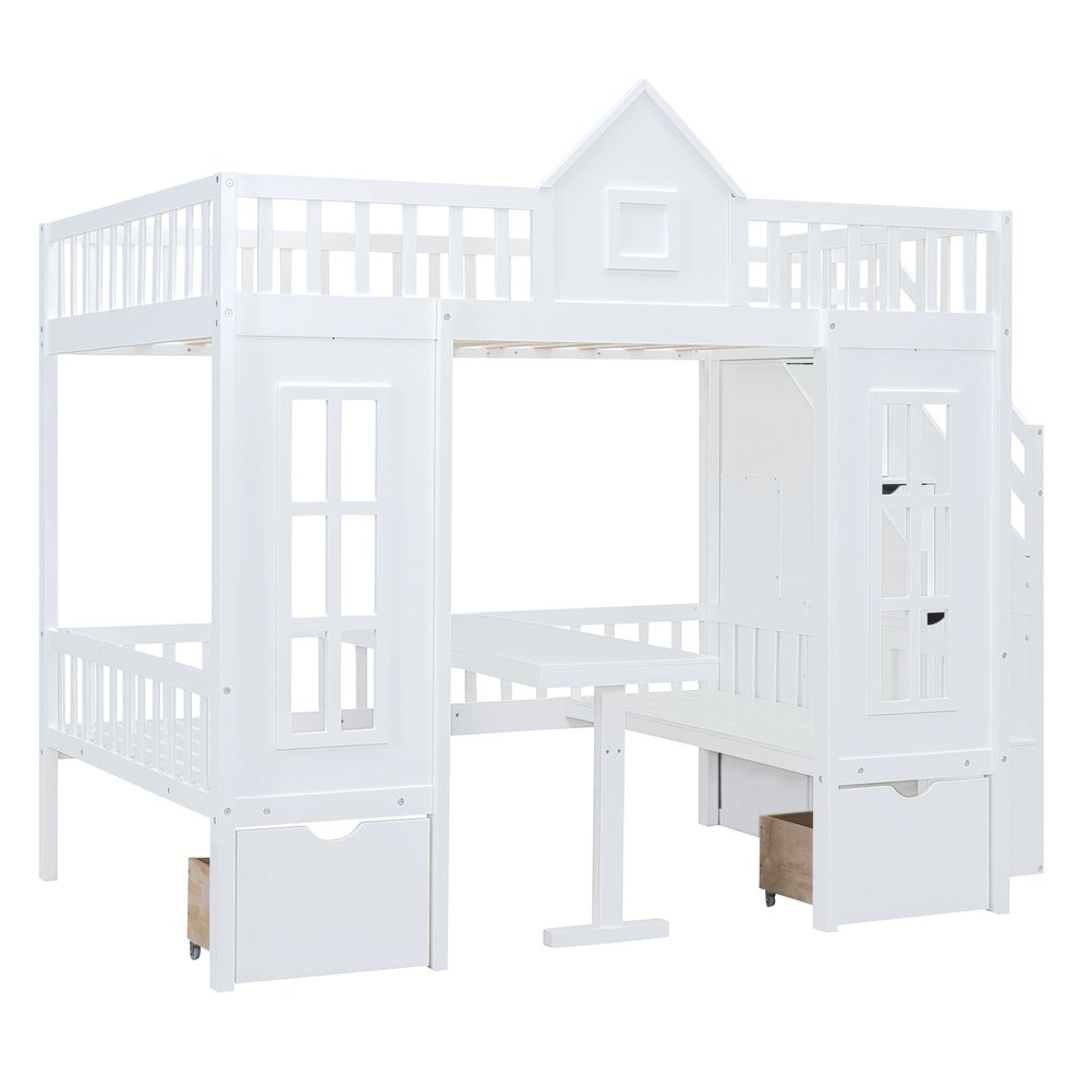 White Full Over Full Dollhouse Solid Wood Bunk Bed With Stairs And Desk And Drawers And Storage