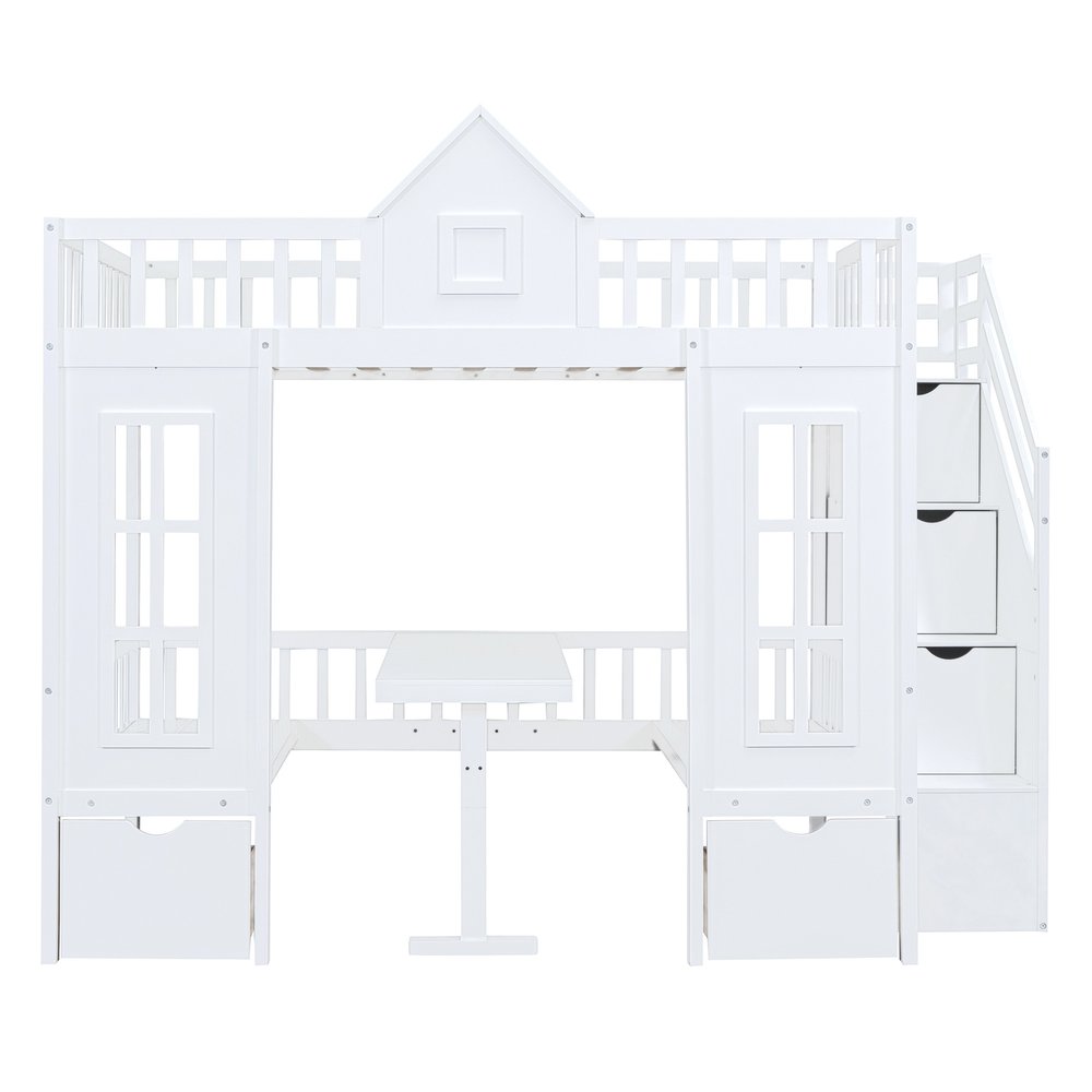 White Full Over Full Dollhouse Solid Wood Bunk Bed With Stairs And Desk And Drawers And Storage