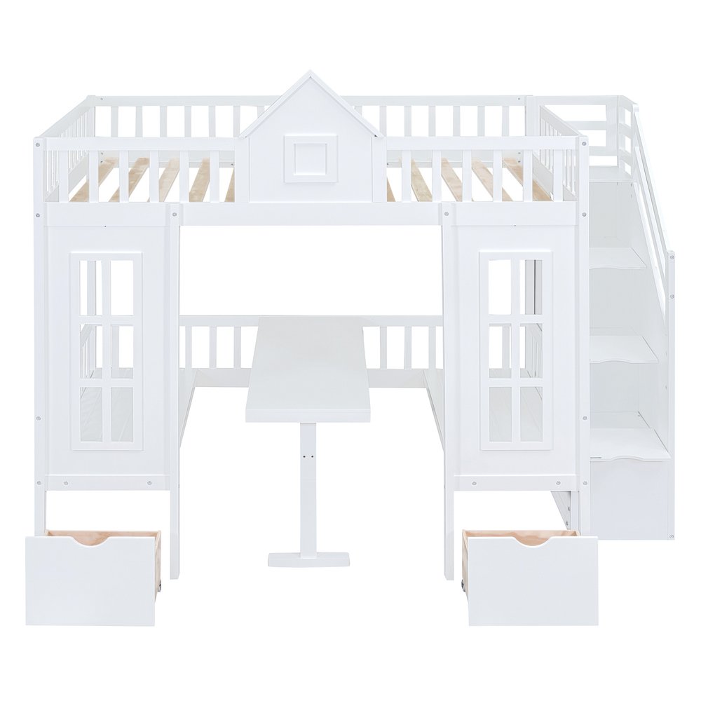 White Full Over Full Dollhouse Solid Wood Bunk Bed With Stairs And Desk And Drawers And Storage